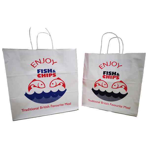 TWISTED HANDLE ENJOY FISH & CHIPS  CARRIER BAGS 320x320x210mm 1X100  (BAG32)