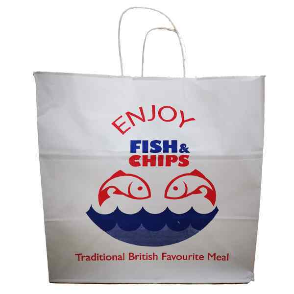 TWISTED HANDLE ENJOY FISH & CHIPS  CARRIER BAGS 320x320x210mm 1X100  (BAG32)