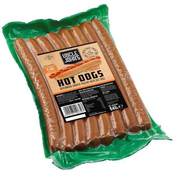 UNCLE JOHNS HALAL CHICKEN & TURKEY HOT DOGS 8x80gm