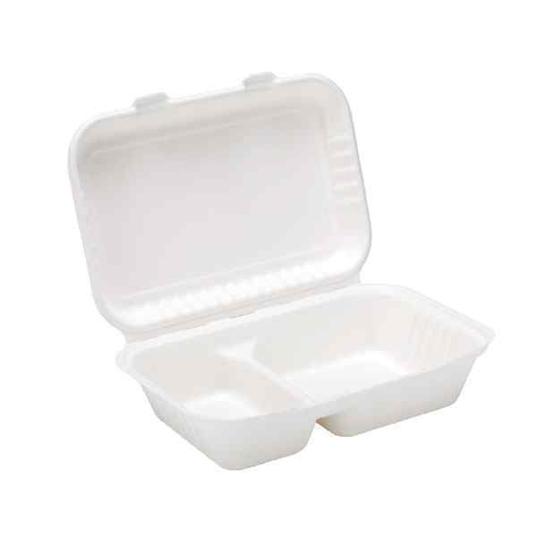 SUGARCANE 9x6x3" 2 COMPARTMENT CLAMSHEL 2x125 BIODEGRADABLE - 91017 MEAL BOX 2 FP2