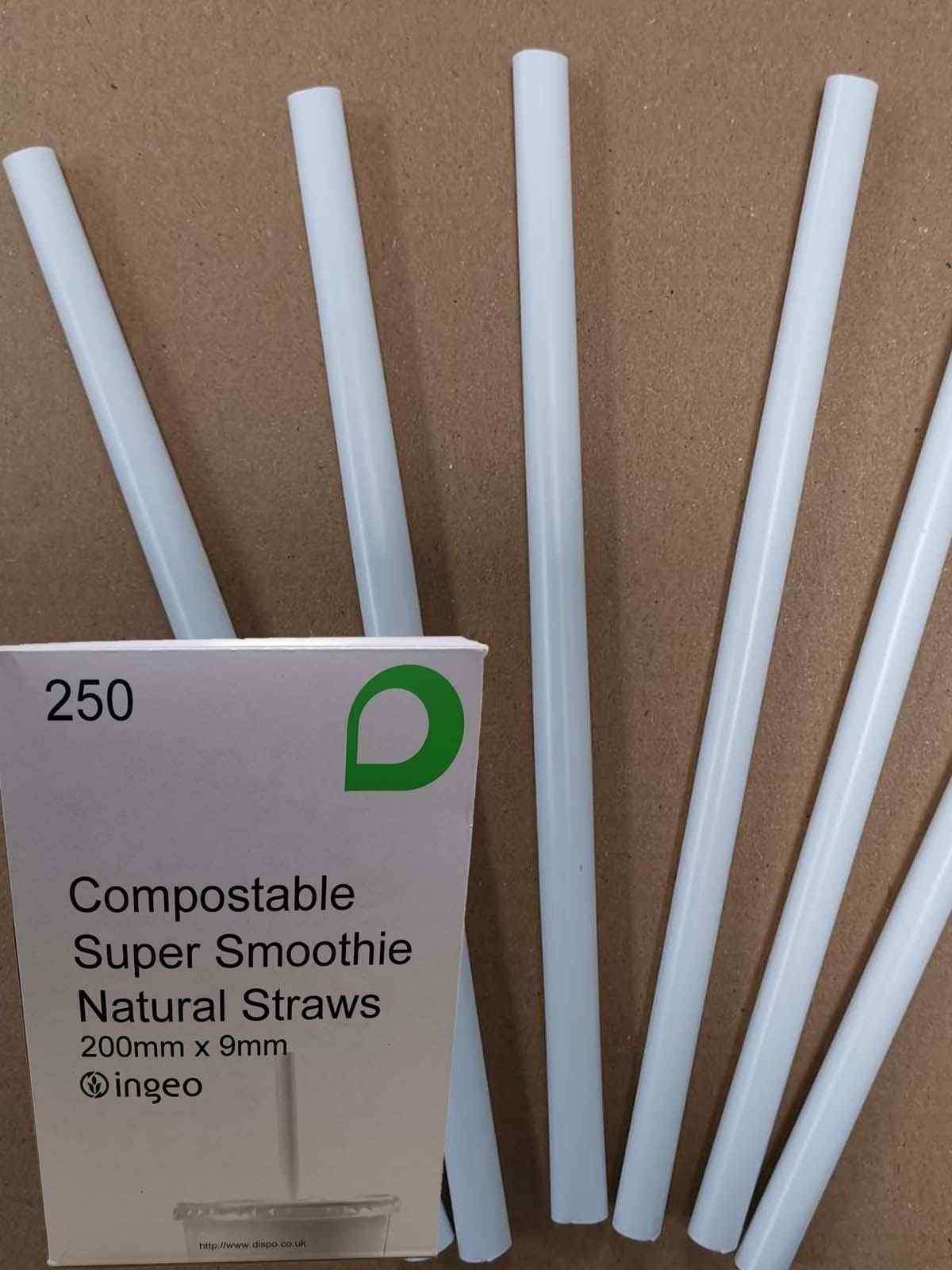 PLA WHITE SMOOTHIE STRAWS  (200 x9mm) 250's COMPOSTABLE PLASTIC ( 86003 )
