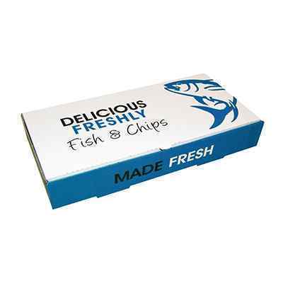 11" BLUE DELICIOUS FISH&CHIP BOXES LRG  1x100 304 x 152 x 51mm (LxWxH)